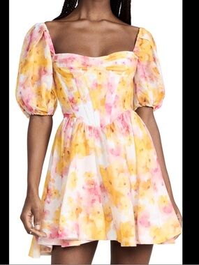 Bardot Pink and Yellow Watercolor Puff Sleeve Dress